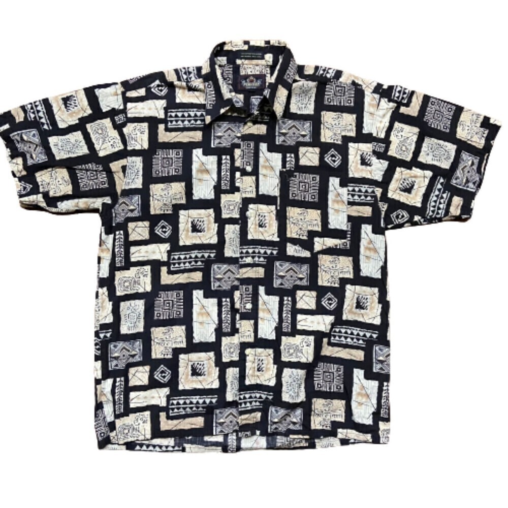 Perruzo Vintage Abstract 90s Black Cream Button Down Cotton Shirt Men's Medium